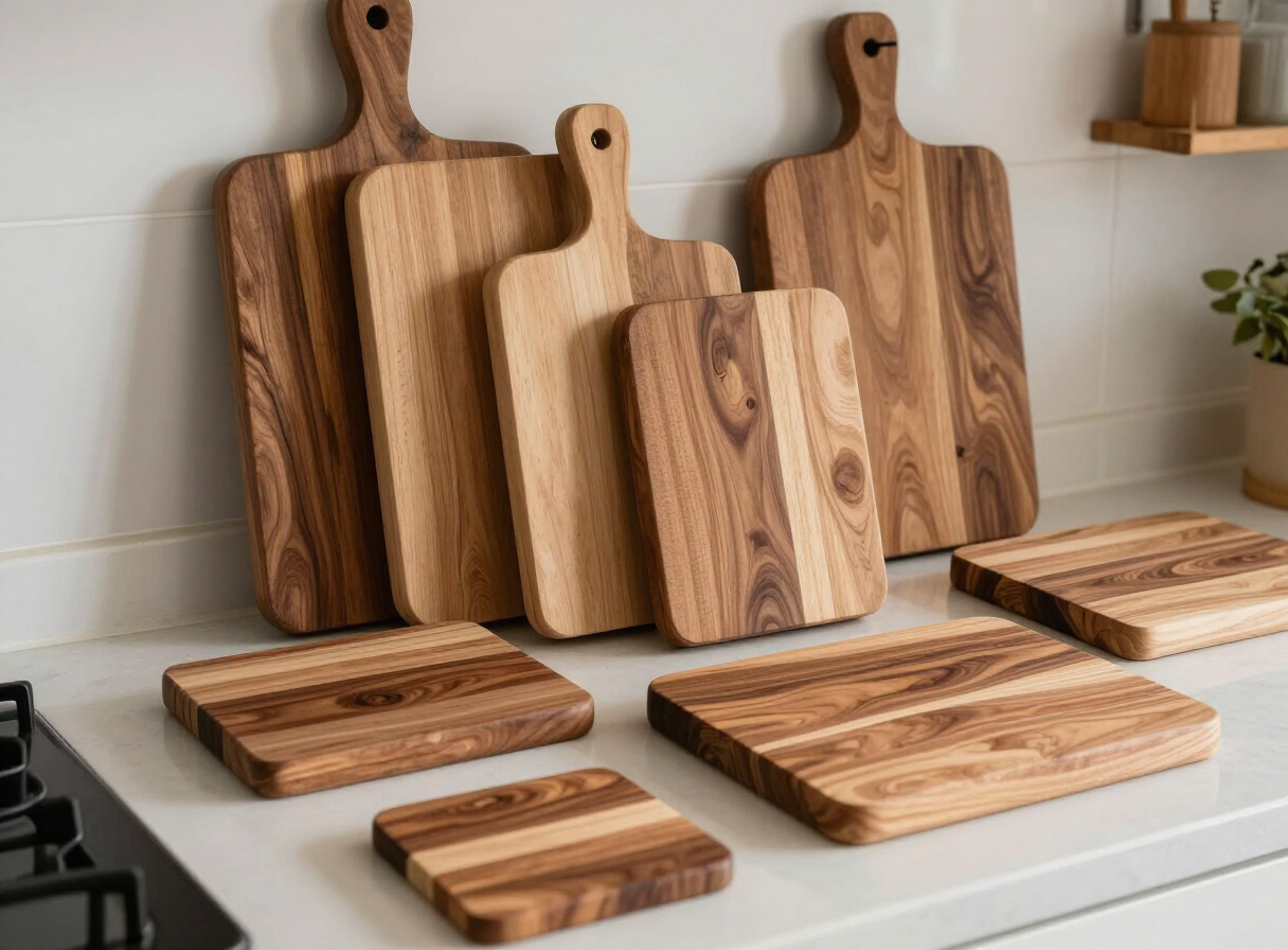 A set of handmade wooden cutting boards and matching coasters in contrasting walnut and maple hardwoods arranged on a kitchen counter with a food-safe oil finish