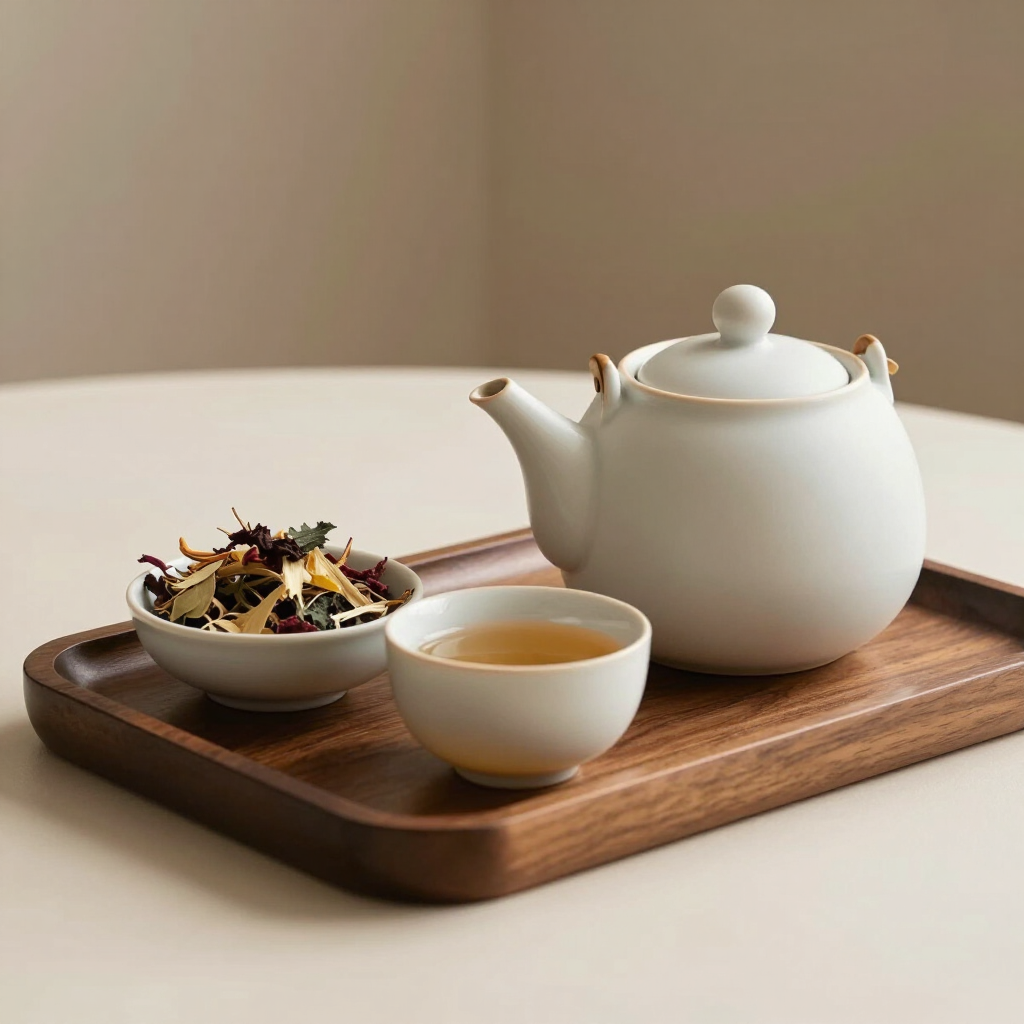 Ceramic teapot and cup with dried botanicals prepared as a welcome ritual at Almira Spa