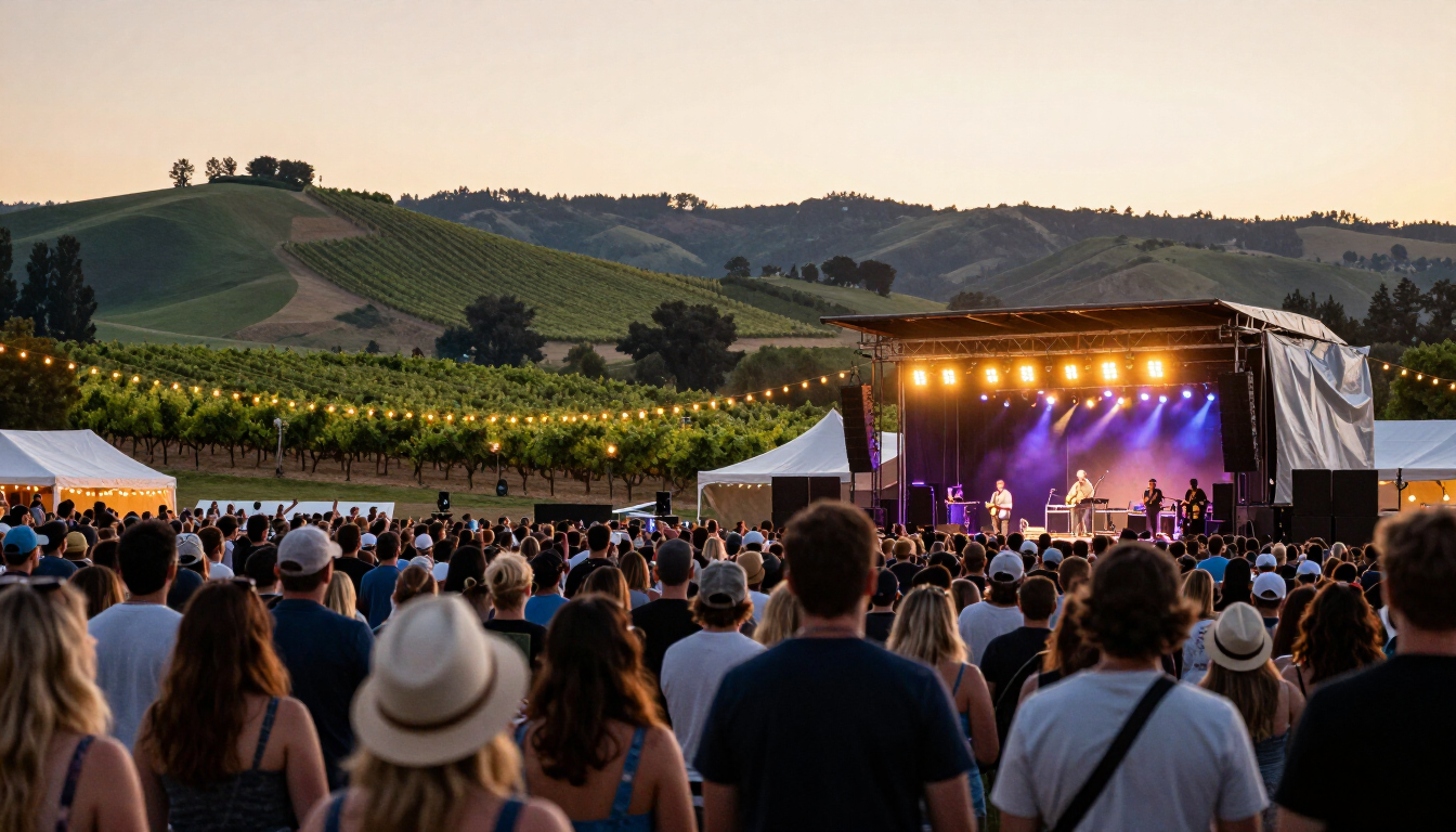 Crowd at an outdoor music festival stage with wine country hills in the background during golden hour