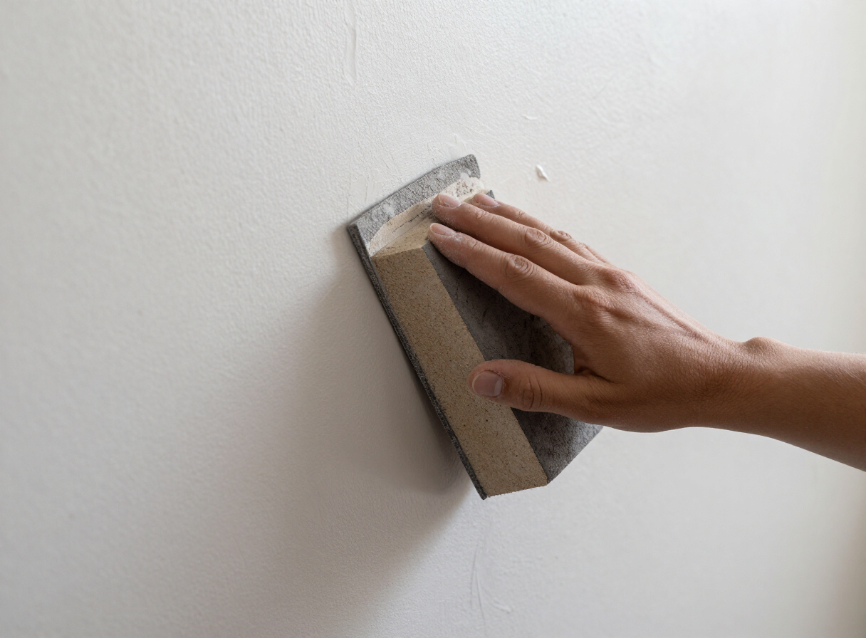 Sanding a skim-coated wall in a Hoboken NJ home