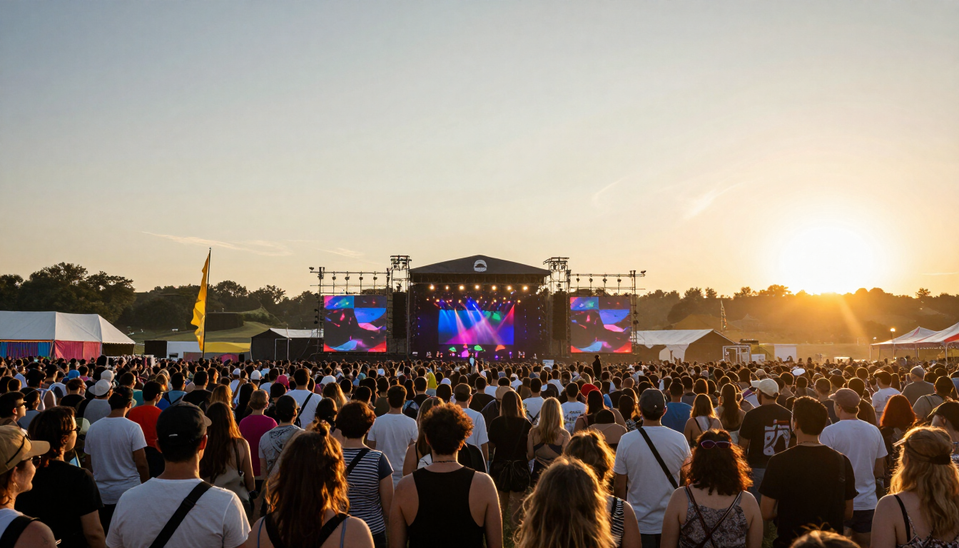 Festival crowd enjoying live music under colorful stage lights at sunset