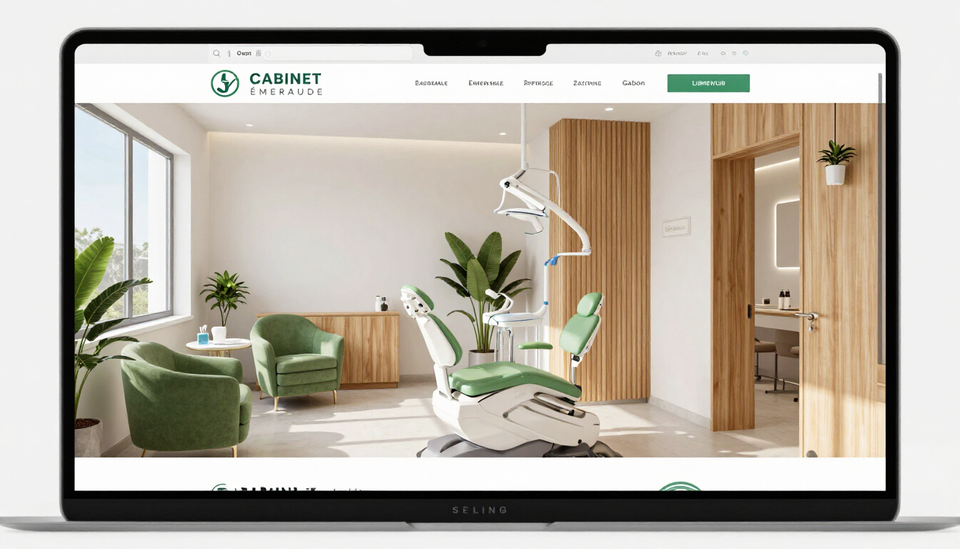 Screenshot du site Cabinet Émeraude montrant la page d'accueil avec le logo Cabinet Émeraude, un cabinet dentaire moderne à Libreville avec un intérieur élégant, des chaises vertes, du bois naturel et des plantes
