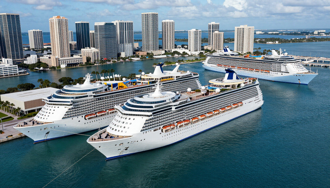 Aerial view of a US cruise port with ships docked