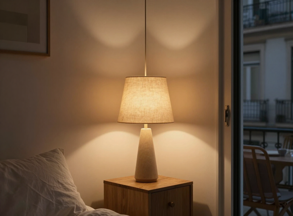 Cozy European apartment at dusk with warm table lamps glowing