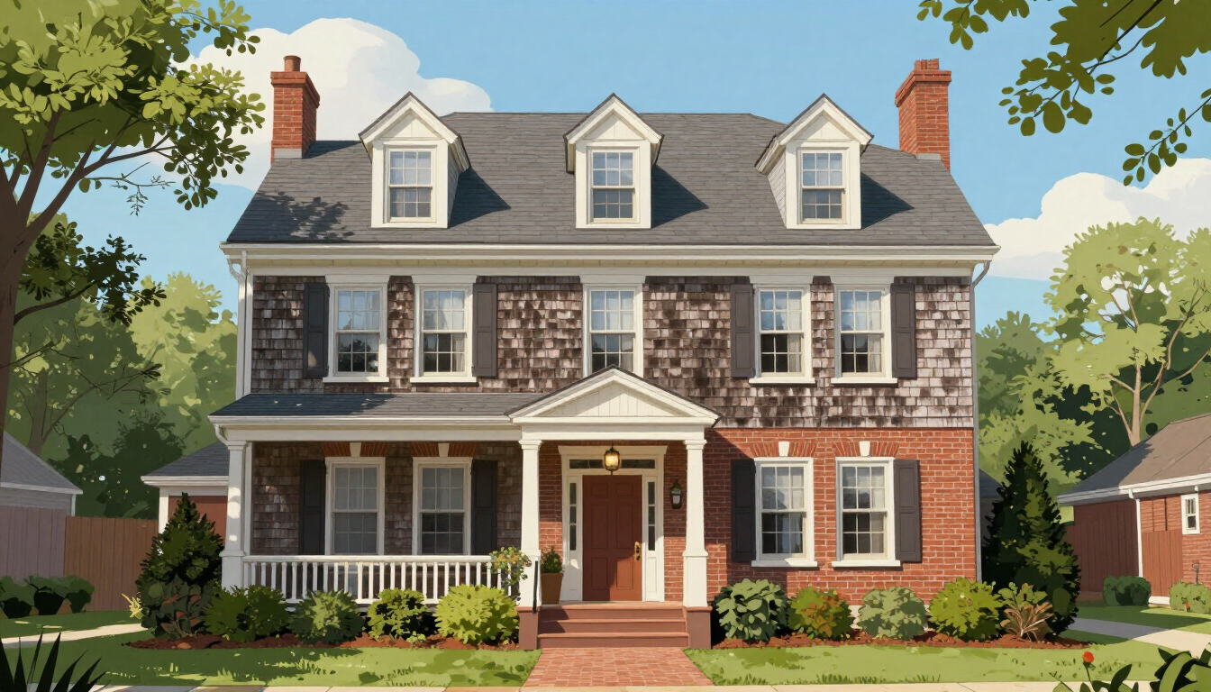 Illustrative historic Englewood NJ home exterior with cedar shingle siding and brick details