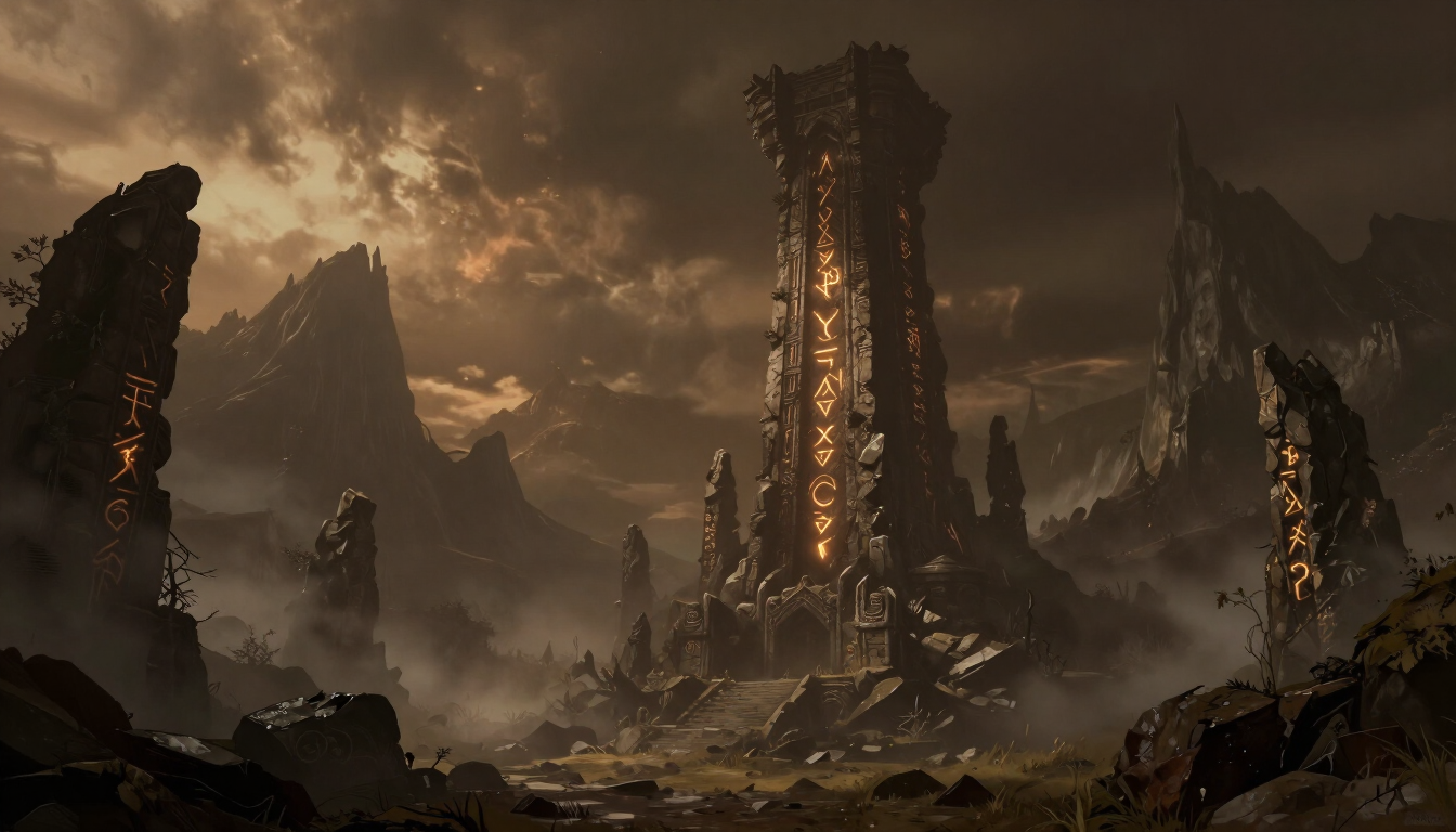 Dark fantasy realm of misty mountains and a runed tower