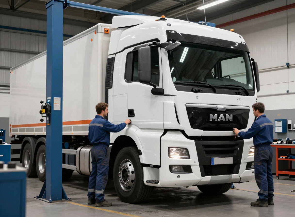 Mechaniker bei der Wartung eines MAN-Lkw in der Werkstatt von Seiz & Zimmermann