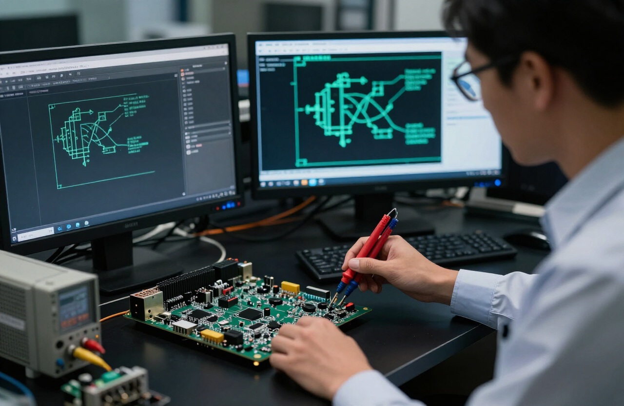 Electronics design engineer inspecting a custom industrial PC carrier board with oscilloscope probes in an R&D lab