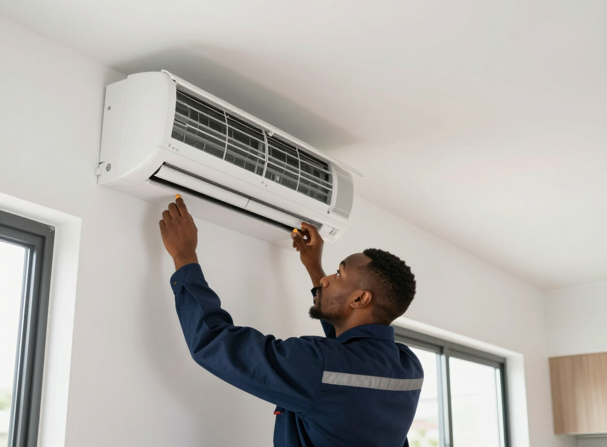 Air conditioning technician inspecting a wall-mounted unit