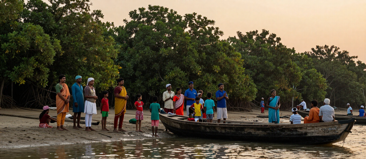 Riverside community gathering at dusk in the Sundarbans