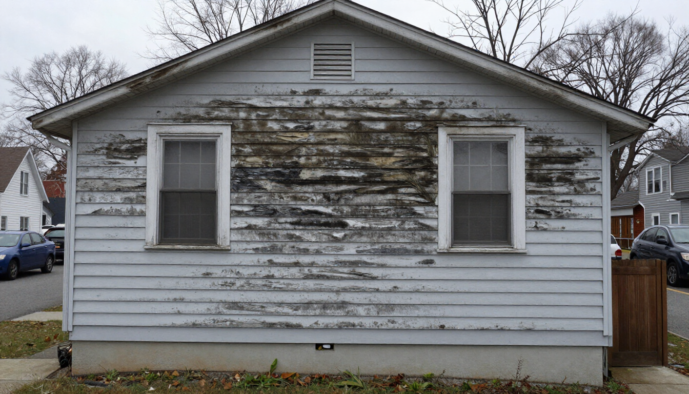 Hasbrouck Heights NJ home before durability refresh with grimy stained siding from Route 17 traffic