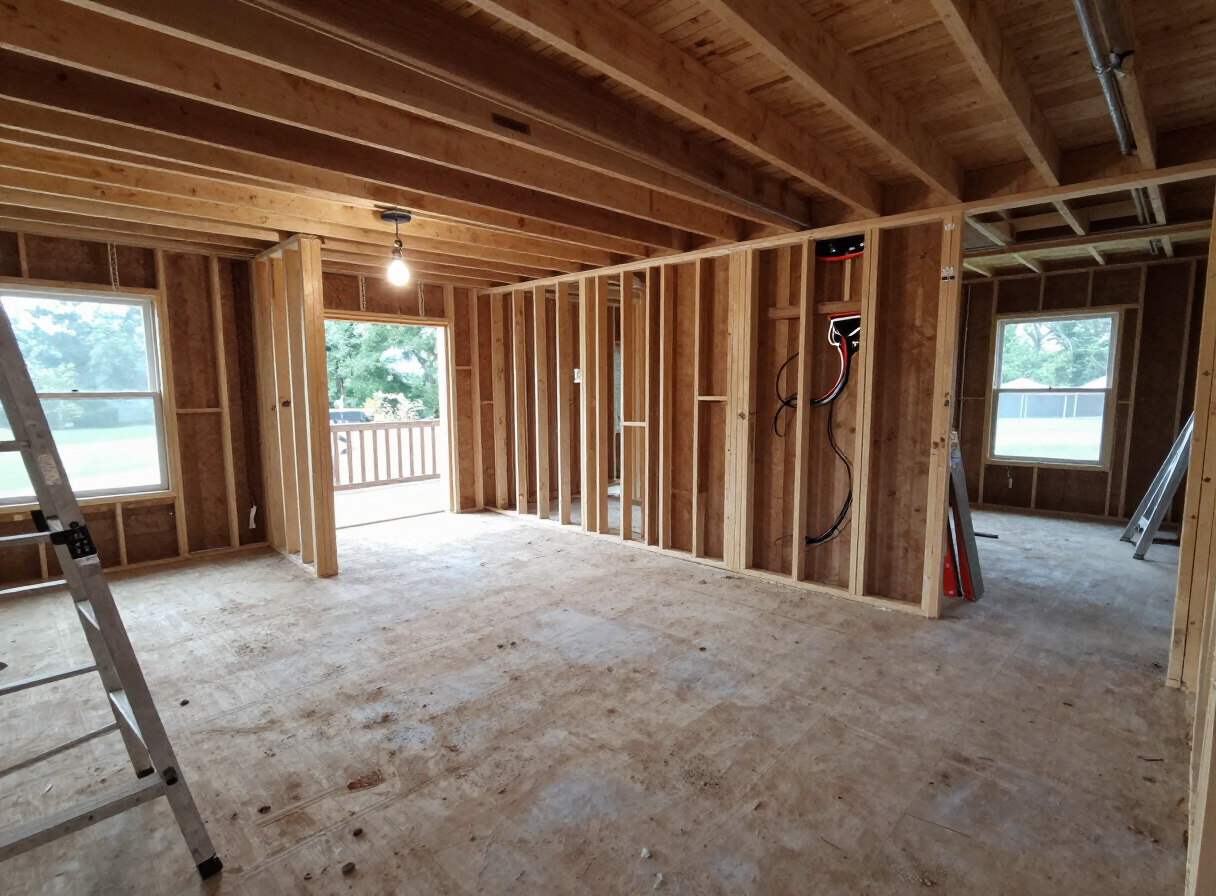 Weddington whole-home renovation in progress, with rooms opened to studs for new wiring and plumbing rough-in