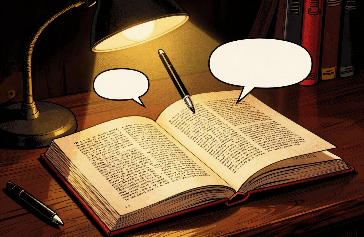 Illustration of a vintage comic open on a dark desk under a desk lamp