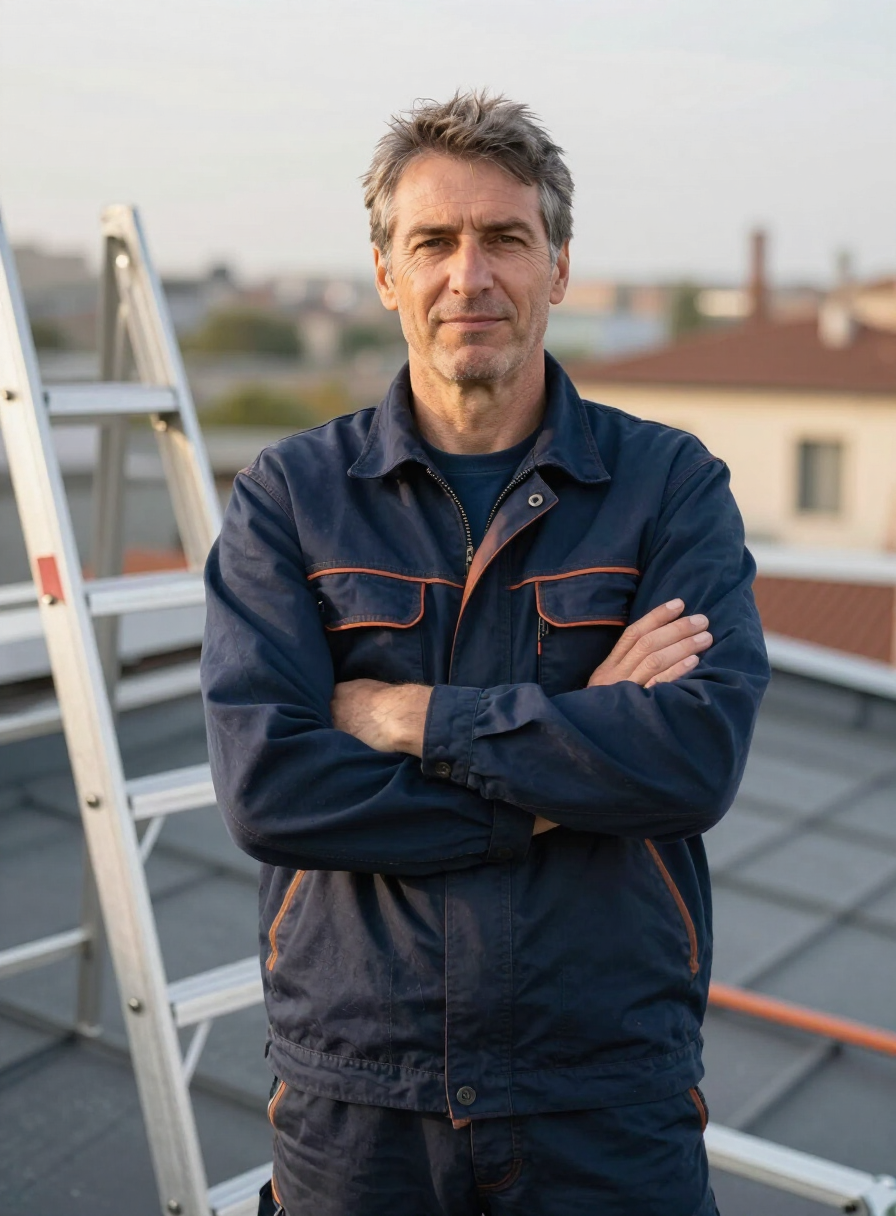 L’artisan couvreur KTB devant un chantier de toiture