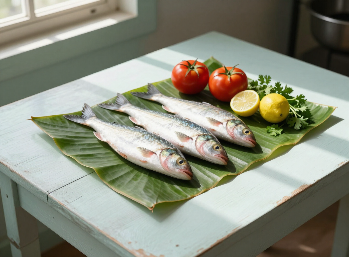 Fresh river fish, tomatoes, lemon and herbs on a mint table