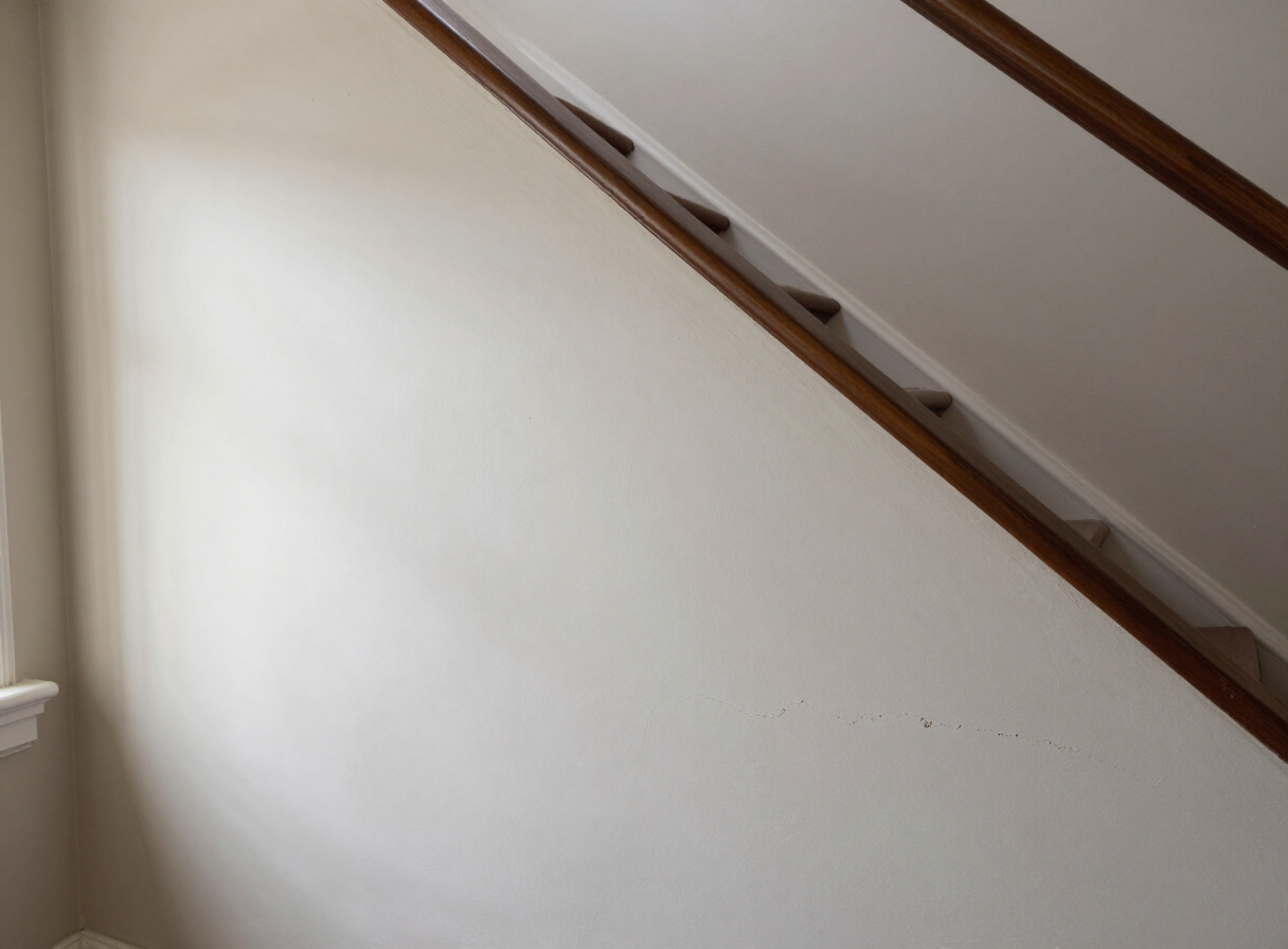 Common stairway wall in a North Bergen NJ two-family home with scuffs and cracked plaster before repair