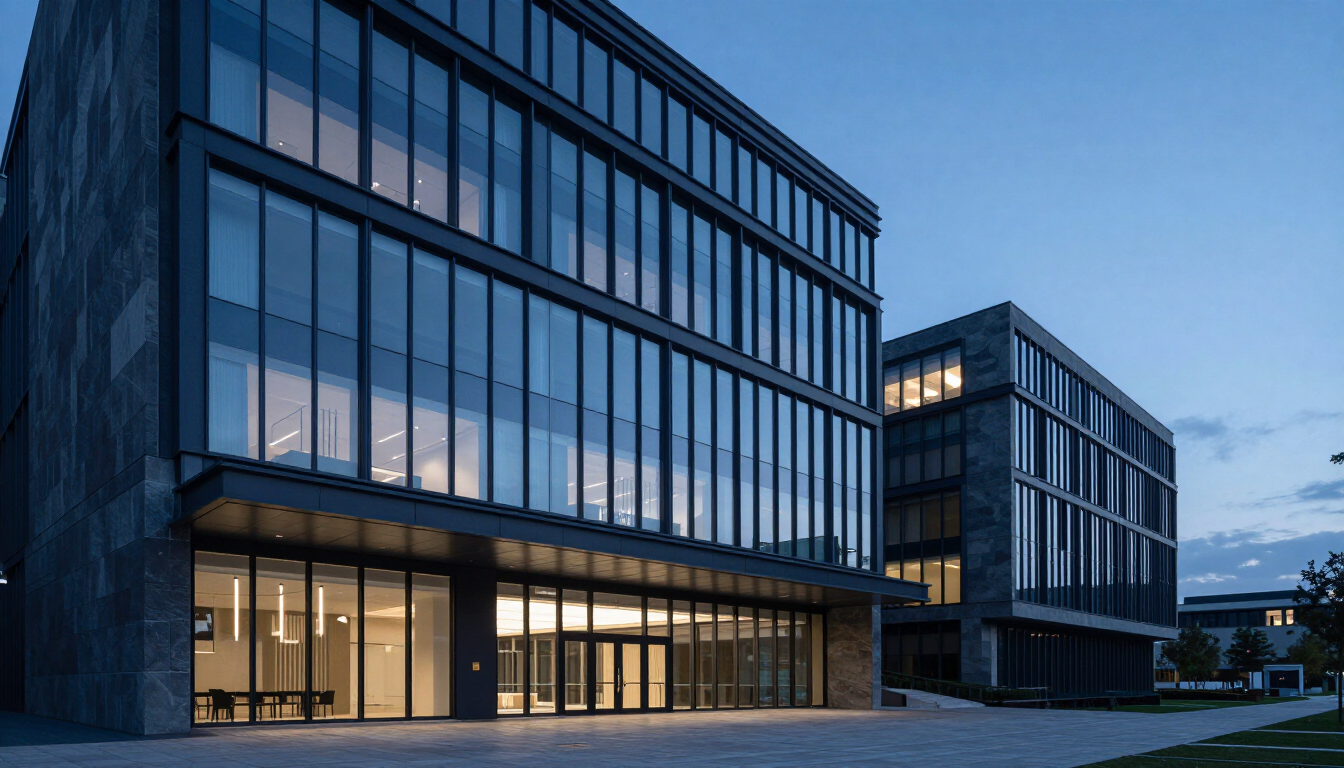 Modern institutional architecture at blue hour — independent view for critical government transformation programs