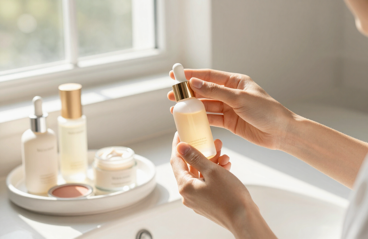 Hands holding a glowing serum bottle by a sunlit window with a tray of skincare