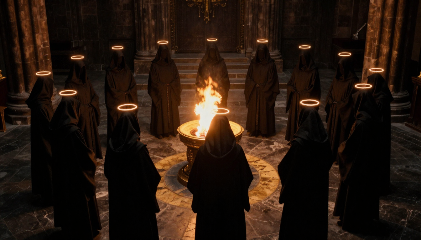 Thirteen hooded figures with faint halos circled around a golden fire