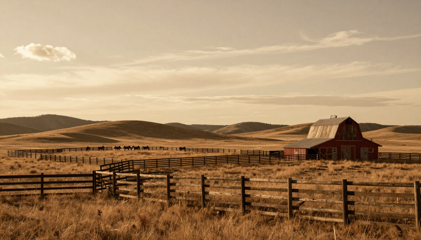 Ranch landscape at golden hour — rolling pasture, wooden fence rails, and a weathered barn under a warm sepia sky