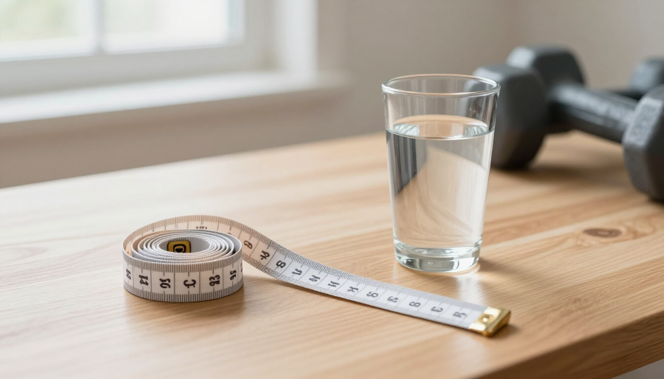 A measuring tape and glass of water on a table, representing ways to think about progress beyond daily numbers