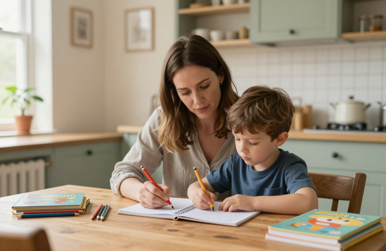 A mother and son learning together at a wooden kitchen table at home