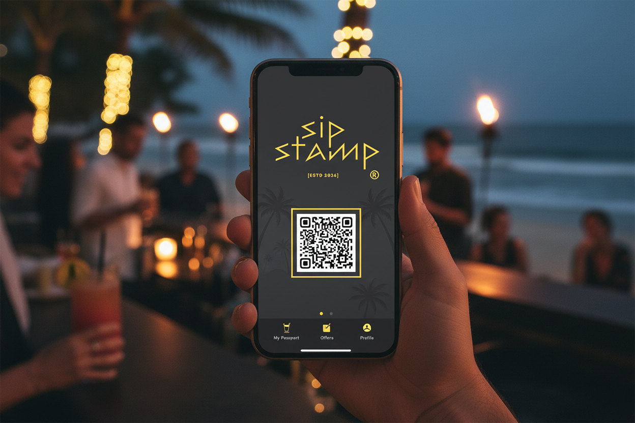 Traveller showing the SipStamp digital passport on her phone to a Bali bartender