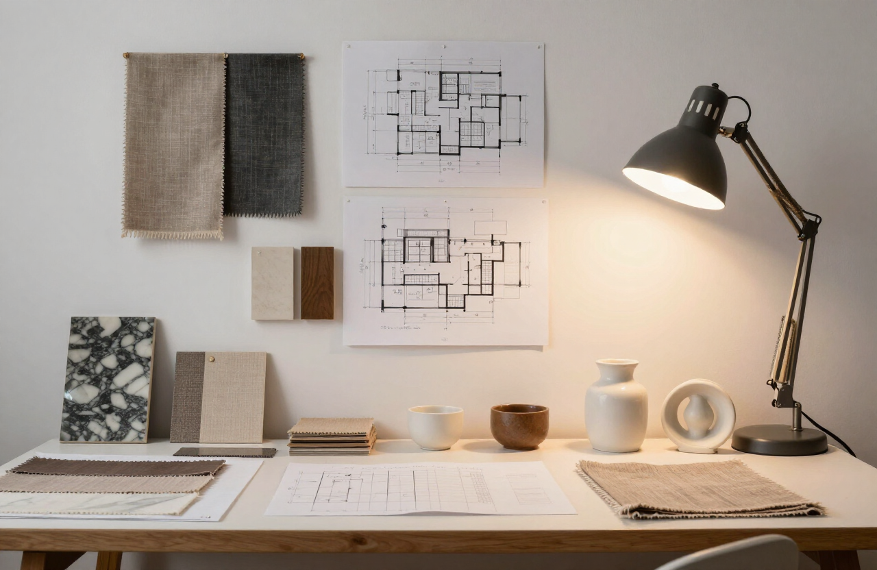 Inside The Interior Edit studio — mood boards, fabric swatches, and material samples
