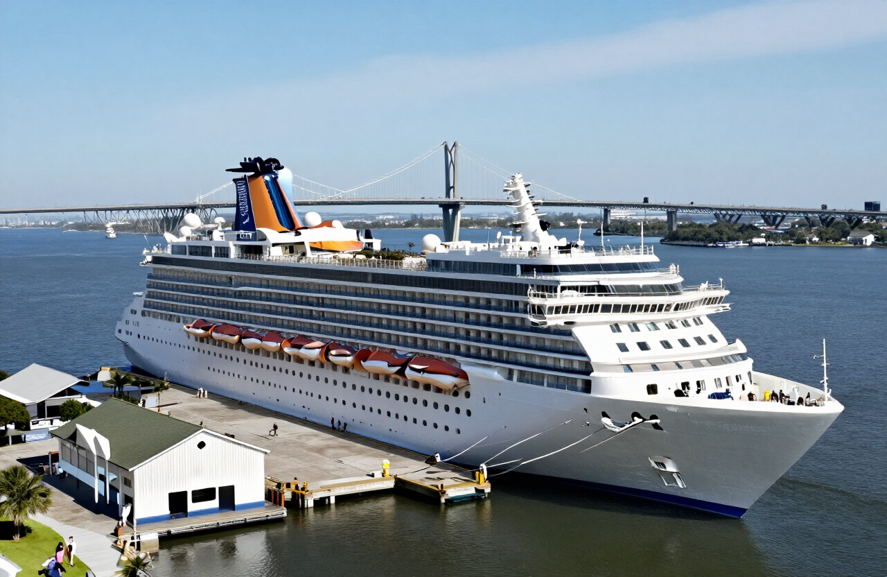 Cruise ship docked at the Union Pier Cruise Terminal on the Charleston waterfront, with the Ravenel Bridge and historic Charleston harbor in the background