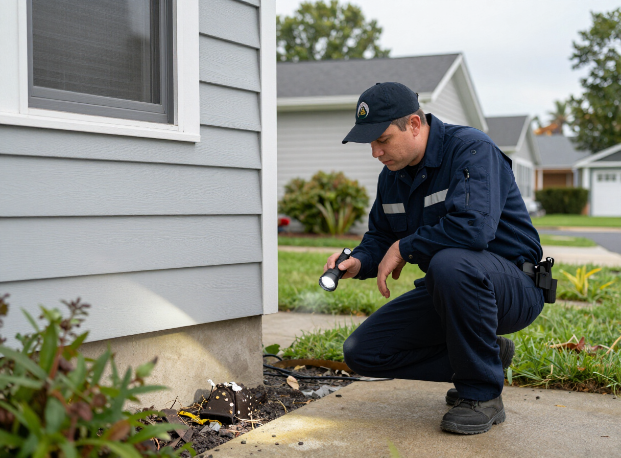 Wildlife control professional inspecting a home exterior