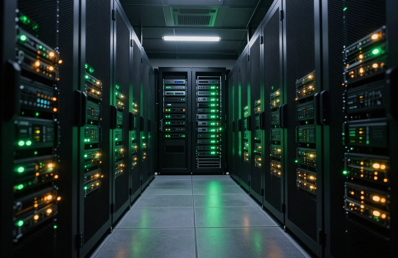 Data center corridor lit by green and amber server status lights