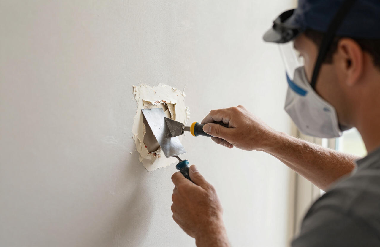 Professional drywall technician applying joint compound to a patched hole in a residential wall
