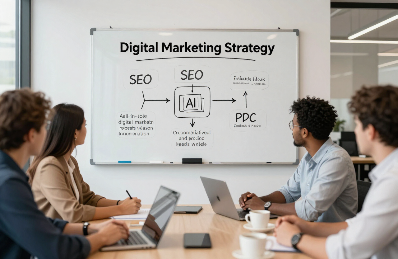 All-In-One digital marketing strategy meeting with SEO, AI, content and PPC pillars for Palm Beach and Broward small businesses