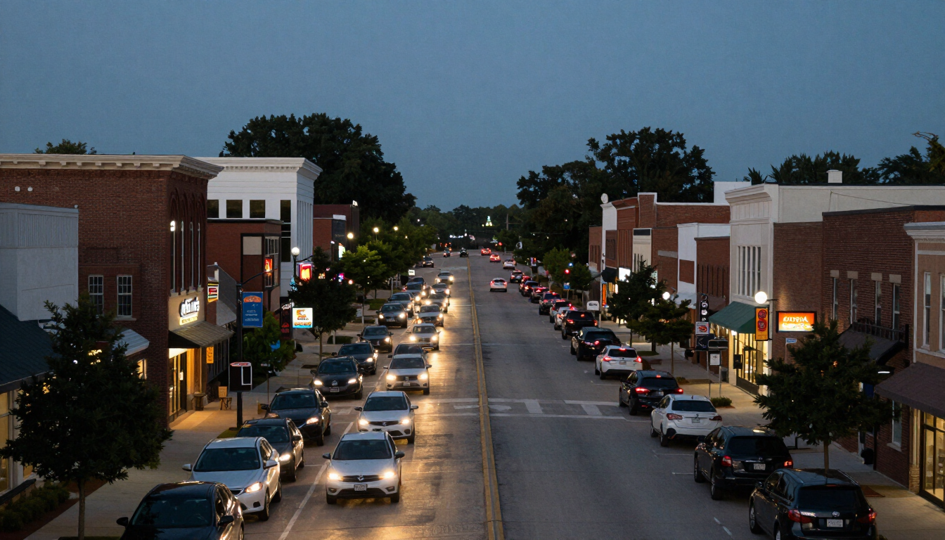 Lee's Summit Missouri suburban commercial corridor with shopping centers and traffic at dusk