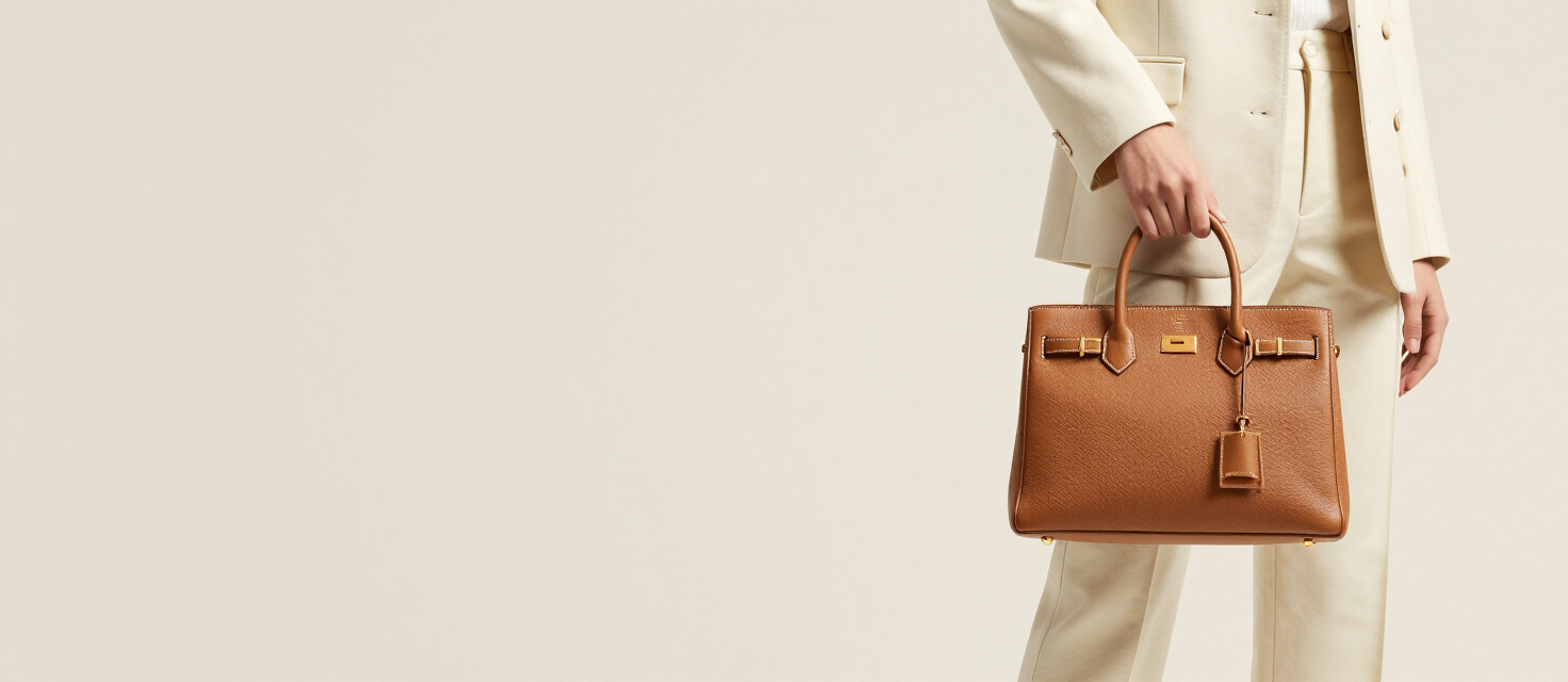 Mujer elegante sosteniendo una bolsa de piel color camel con herrajes dorados