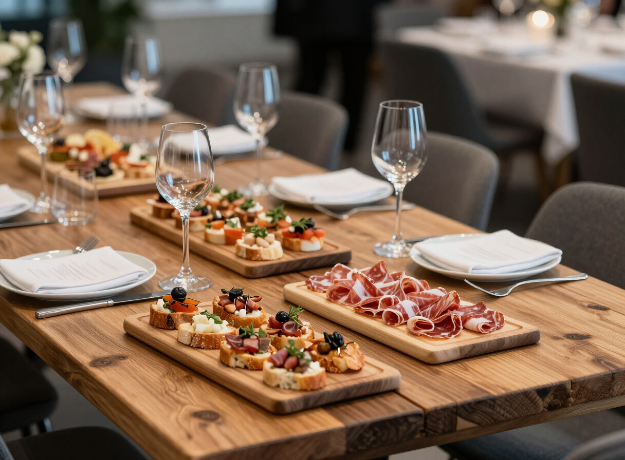 Salumi- und Bruschetta-Board mit Weingläsern bei einer Firmenfeier in Wien