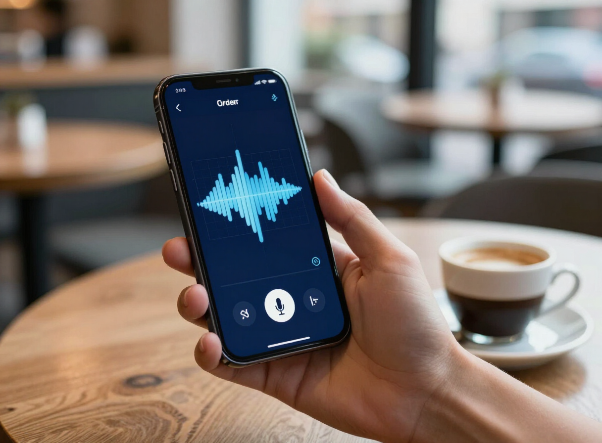 Gast gebruikt spraakbestelling op een smartphone