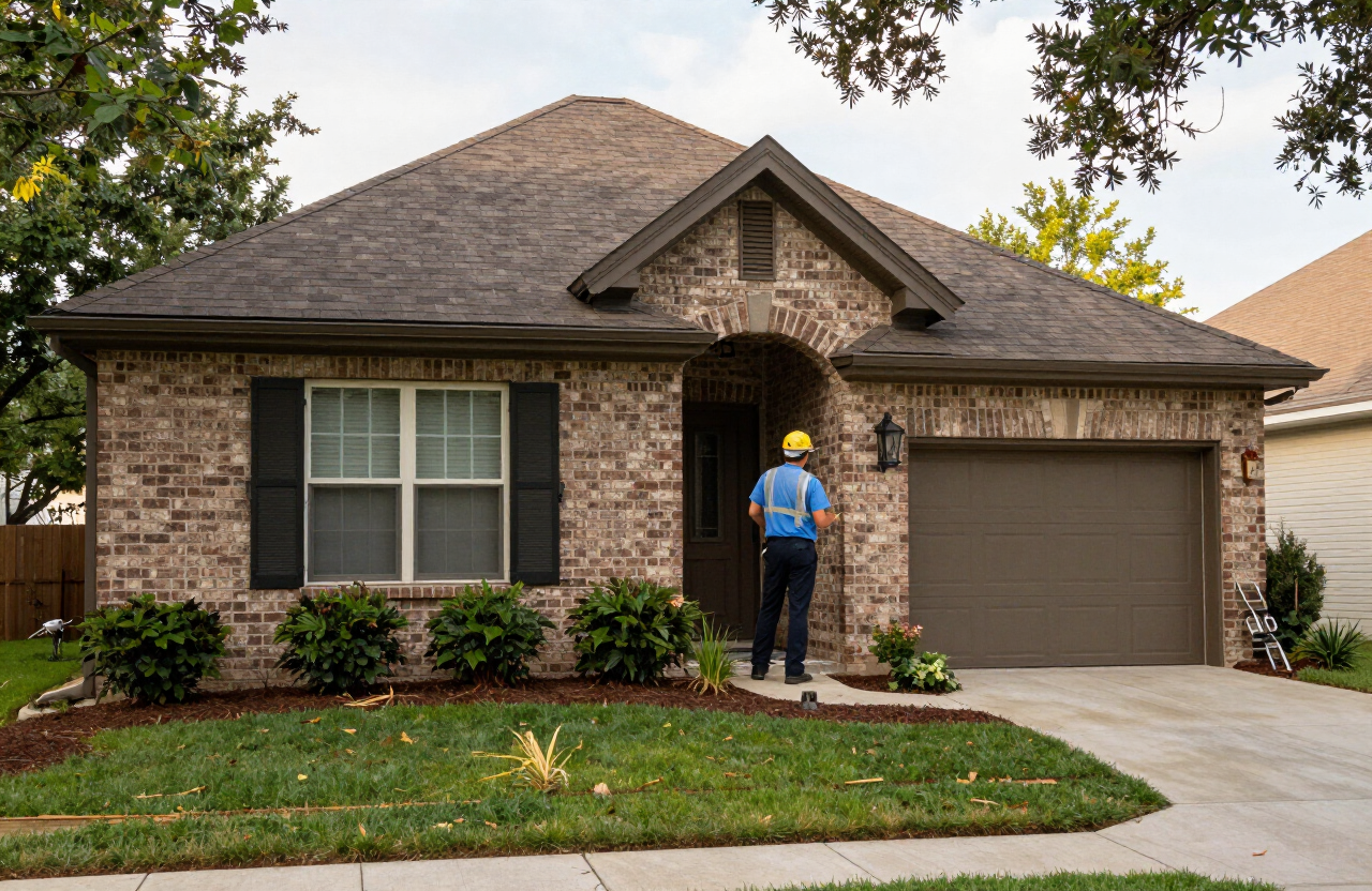 Houston-area residential single-family home exterior with mature landscaping where rodent inspection and exclusion service may be needed