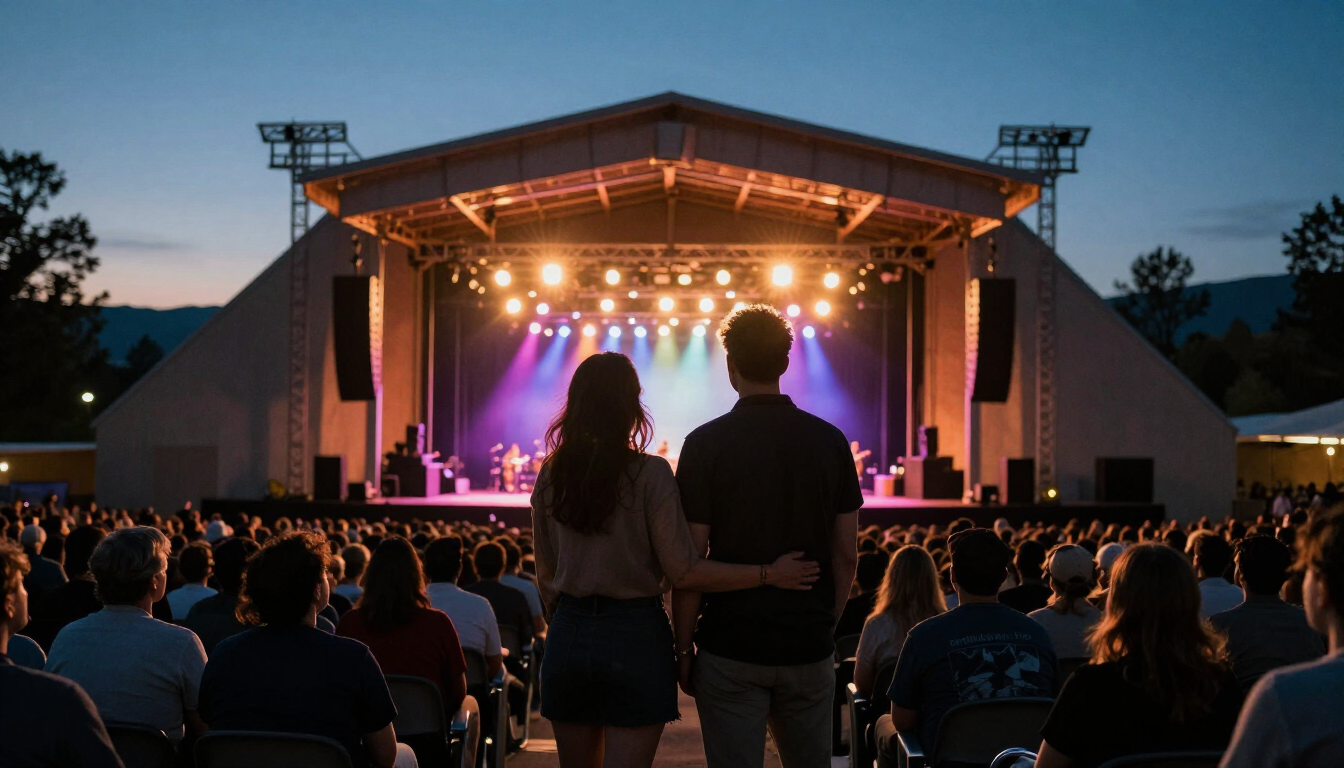 Couple standing together watching a live concert at an outdoor amphitheater with colorful stage lights and evening sky.
