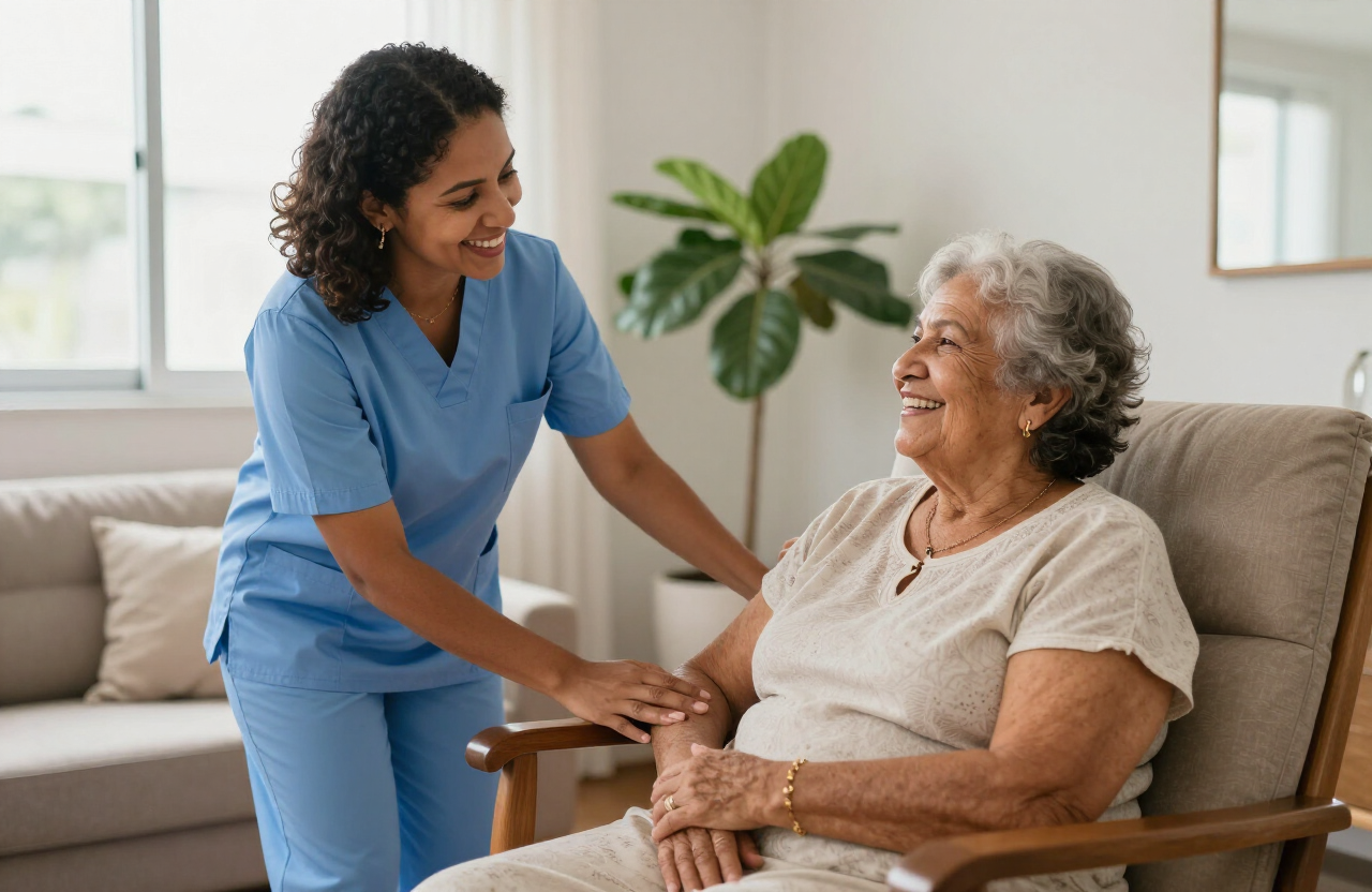 Cuidadora da Home Care Ame auxiliando senhora idosa em casa