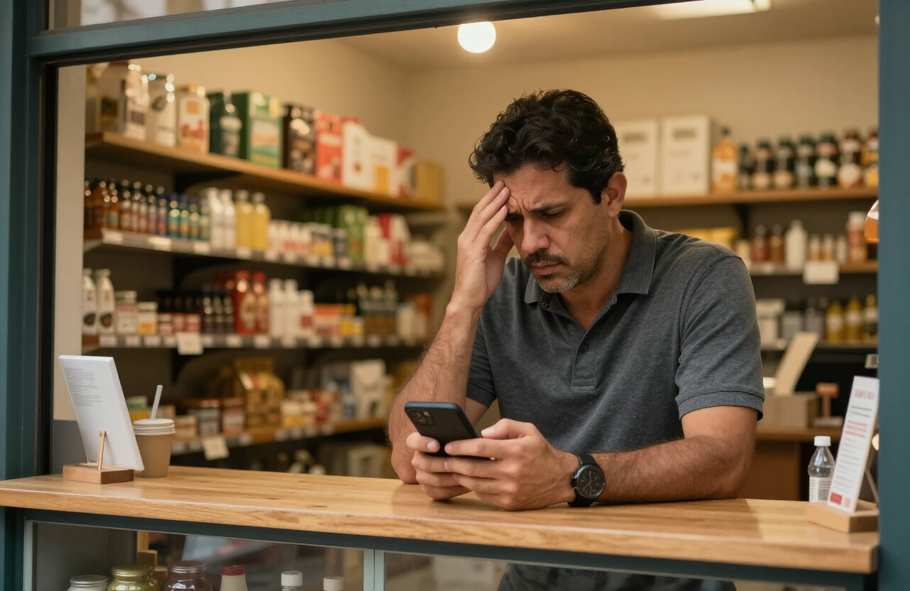 Dono de loja preocupado olhando o celular atrás do balcão