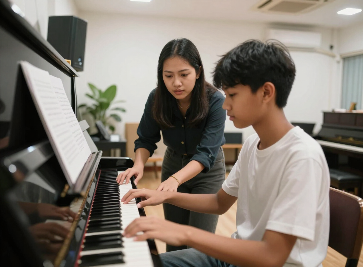 Pengajar membimbing murid saat latihan piano