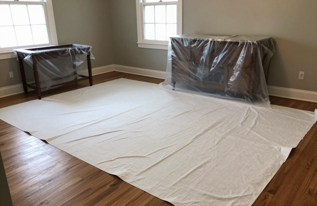 Canvas drop cloths and plastic sheeting protecting floors and furniture in a Leonia home