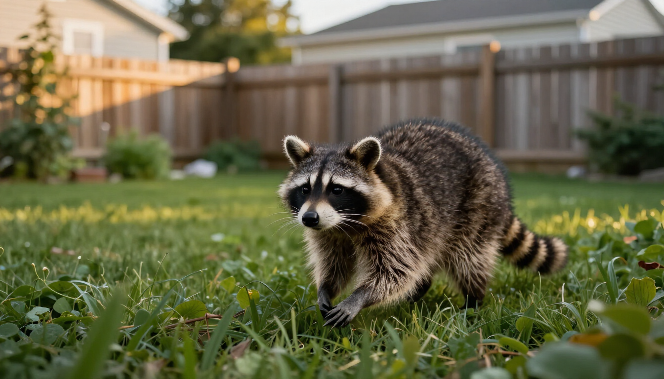 Raccoon in a suburban backyard near a wooden fence