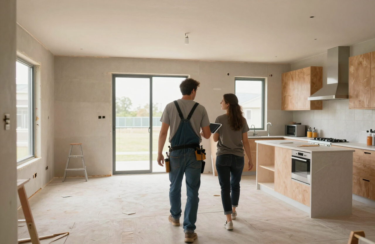 Builder documenting rough-in work during a pre-drywall inspection inside a new home