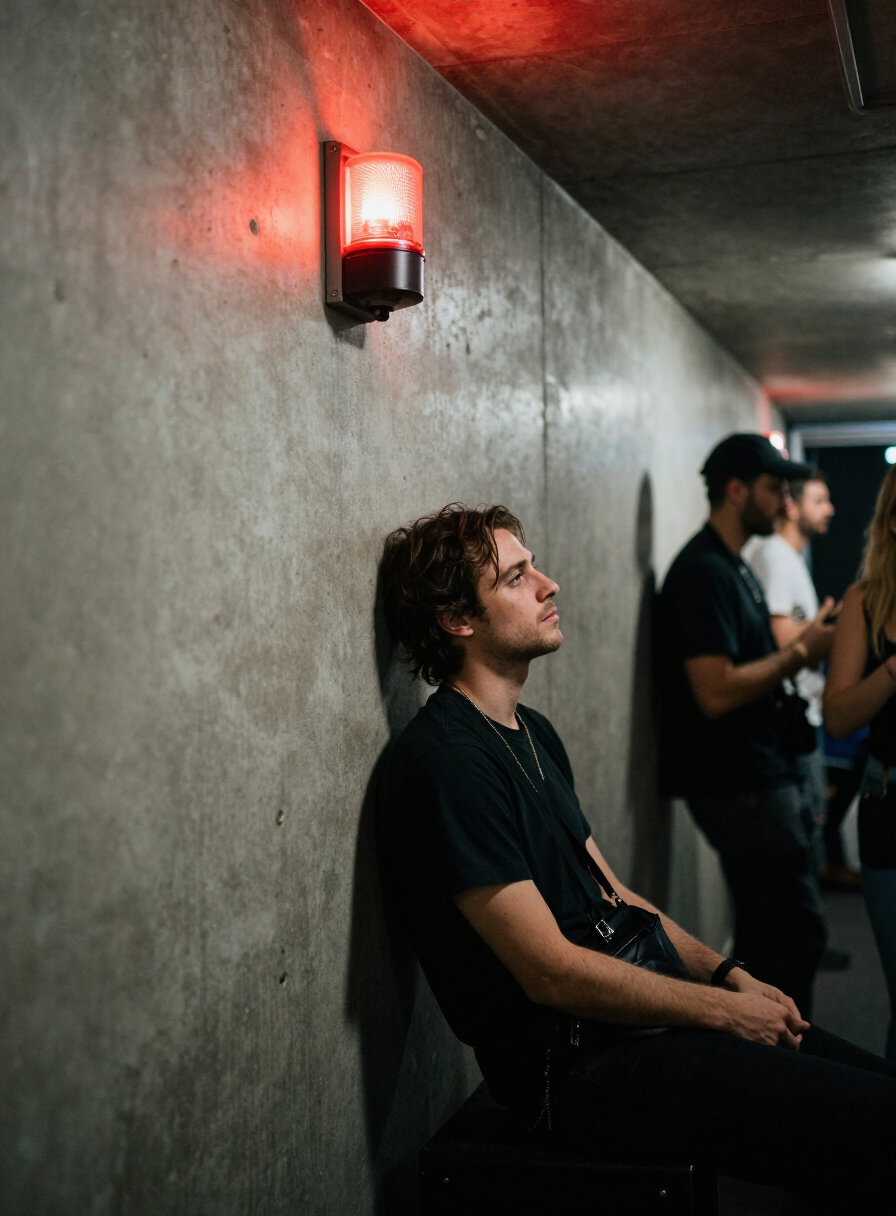 Musician resting against a concrete corridor wall beneath a red emergency light