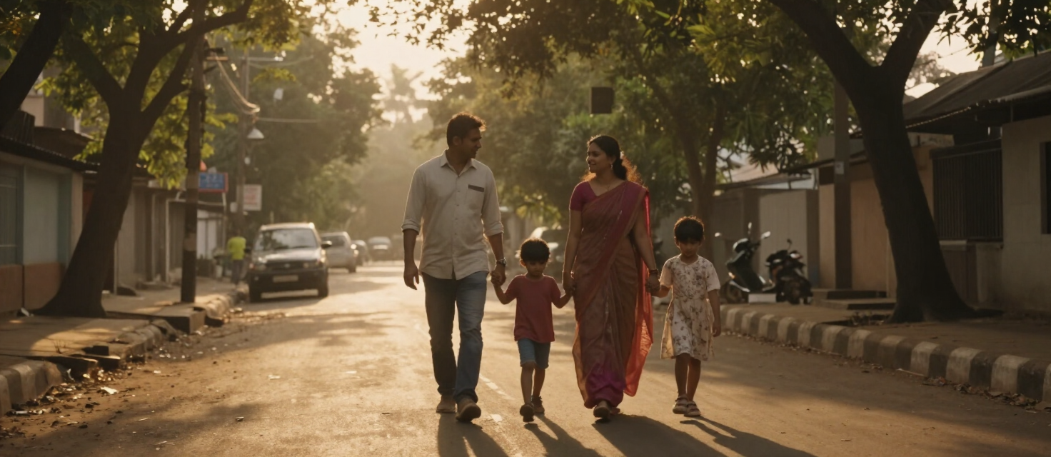 Indian family walking together hand in hand during golden hour