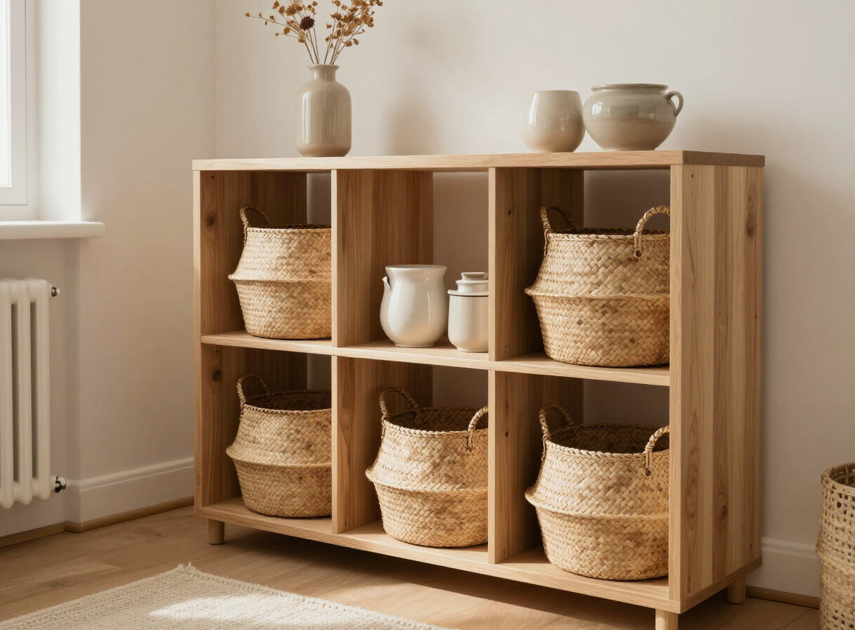 Woven seagrass baskets and natural wood open shelving with ceramics