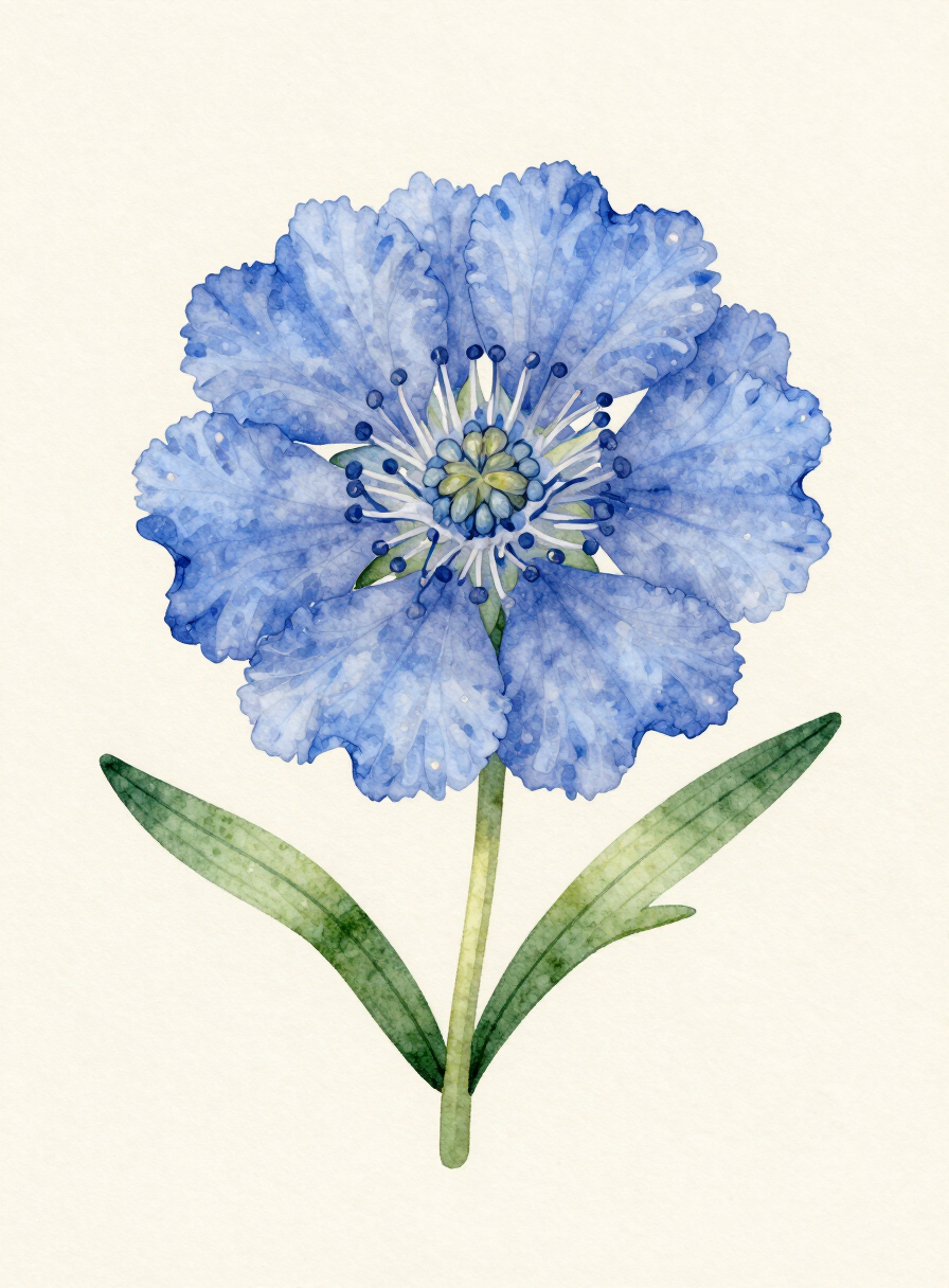Watercolor painting of a dusty blue Scabiosa