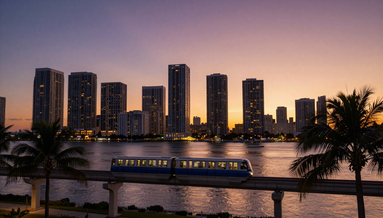 Downtown Miami skyline at dusk with elevated Metromover train and Biscayne Bay in foreground